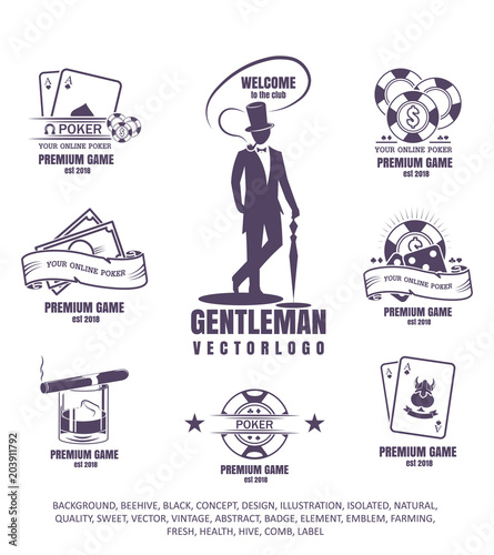 gentleman club, vector illustration, set of poker logos, emblem of gambling, icon of cigar, chips on white background.