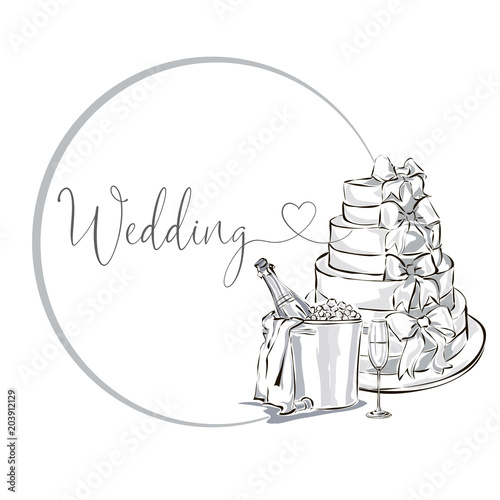 Wedding clip art set with champagne bottle in ice bucket, wine glass and wedding cake, black and white wedding card or invitation template vector illistration