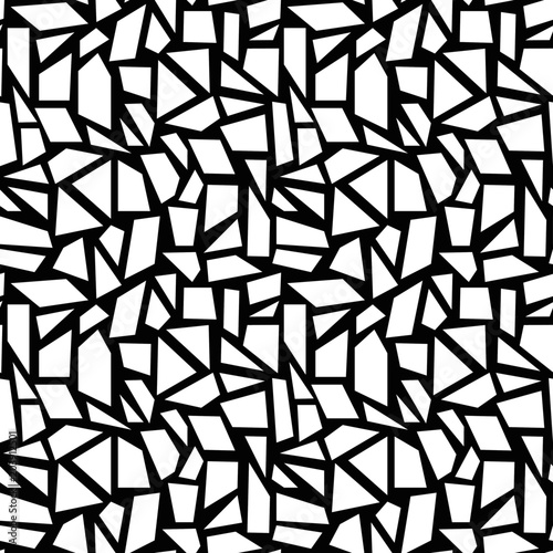 Mosaic geometric abstract seamless pattern. Black and white broken glass texture. Vector illustration. Modern surface design template for tech textile print in memphis 80s style.