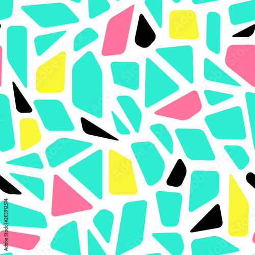 Mosaic memphis style geometric seamless pattern. Stained glass  stone texture. Blue  pink  yellow rounded shapes on white background. Modern vector design for tech textile print in memphis 80s  90s st