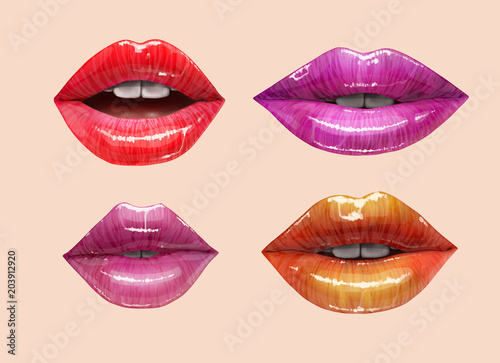 Colorful lips collection. Mouth set. Vector lipstick or lip gloss 3d realistic illustration.