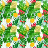 Tropical fruit seamless pattern with jungle leaves floral background.  Watermelon slice, pineapple, lemon, banana and cherry pattern with palm leaf..