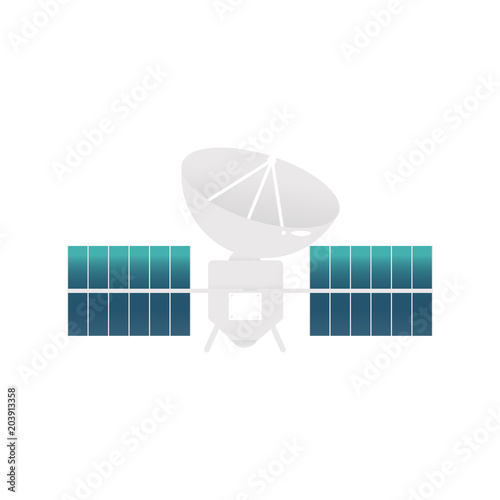 Artificial human-made satellite with solar battery, antennas and radar dish icon. Cosmic, space communication technology, broadcast connection tool. Vector cartoon illustration
