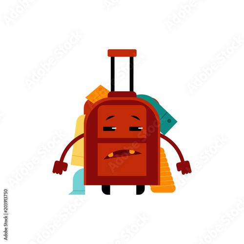 Overloaded with clothes frustrated suitcase cartoon character isolated on white background. Bulging over-full luggage bag with messy put things, vector illustration.