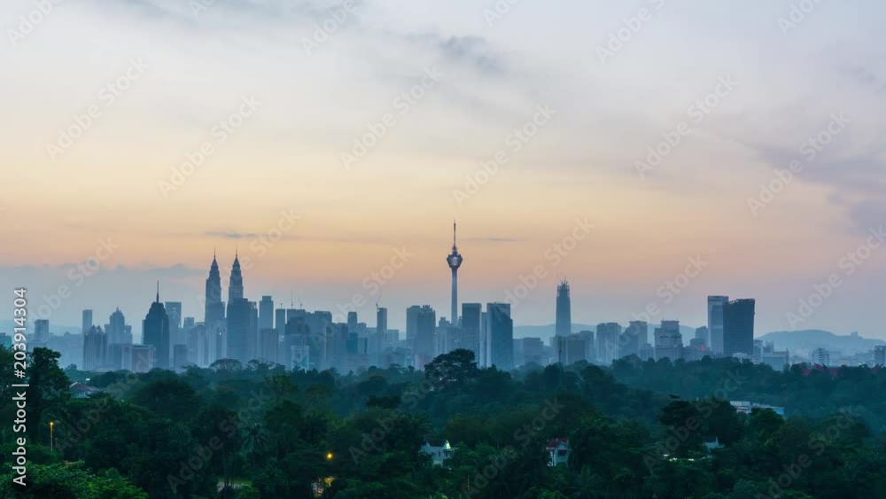 4K Time lapse of moving clouds over downtown Kuala Lumpur, Malaysia. Zoom In.	