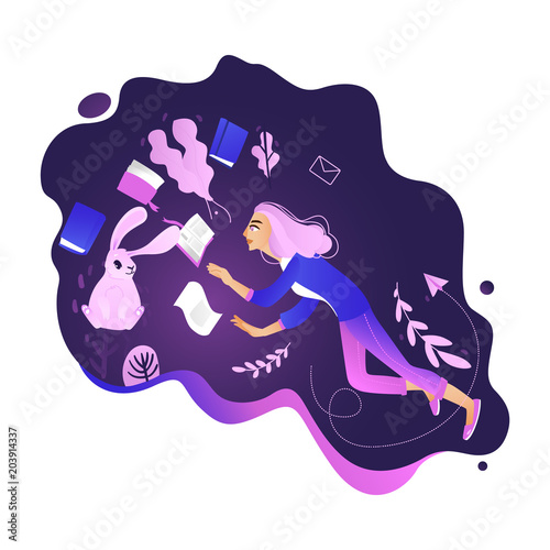Girl in information environment - young woman flies in weightlessness surrounded by books isolated on white background. Search and analysis concept in cartoon vector illustration.