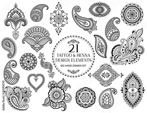Big set of Mehndi flower pattern for Henna drawing and tattoo. Decoration in ethnic oriental, Indian style.