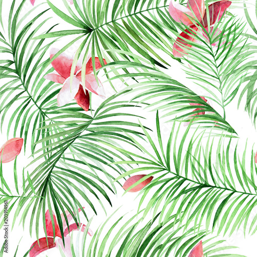 Watercolor seamless pattern with palm leaves and tropical flowers.