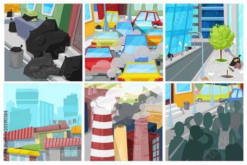 Pollution environment vector polluted air smog or toxic smoke of industrial city illustration cityscape set of environmental damage of factory and transportation exhaust or pollutant garbage