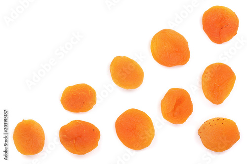 Dried apricots isolated on a white background with copy space for your text. Top view. Flat lay pattern
