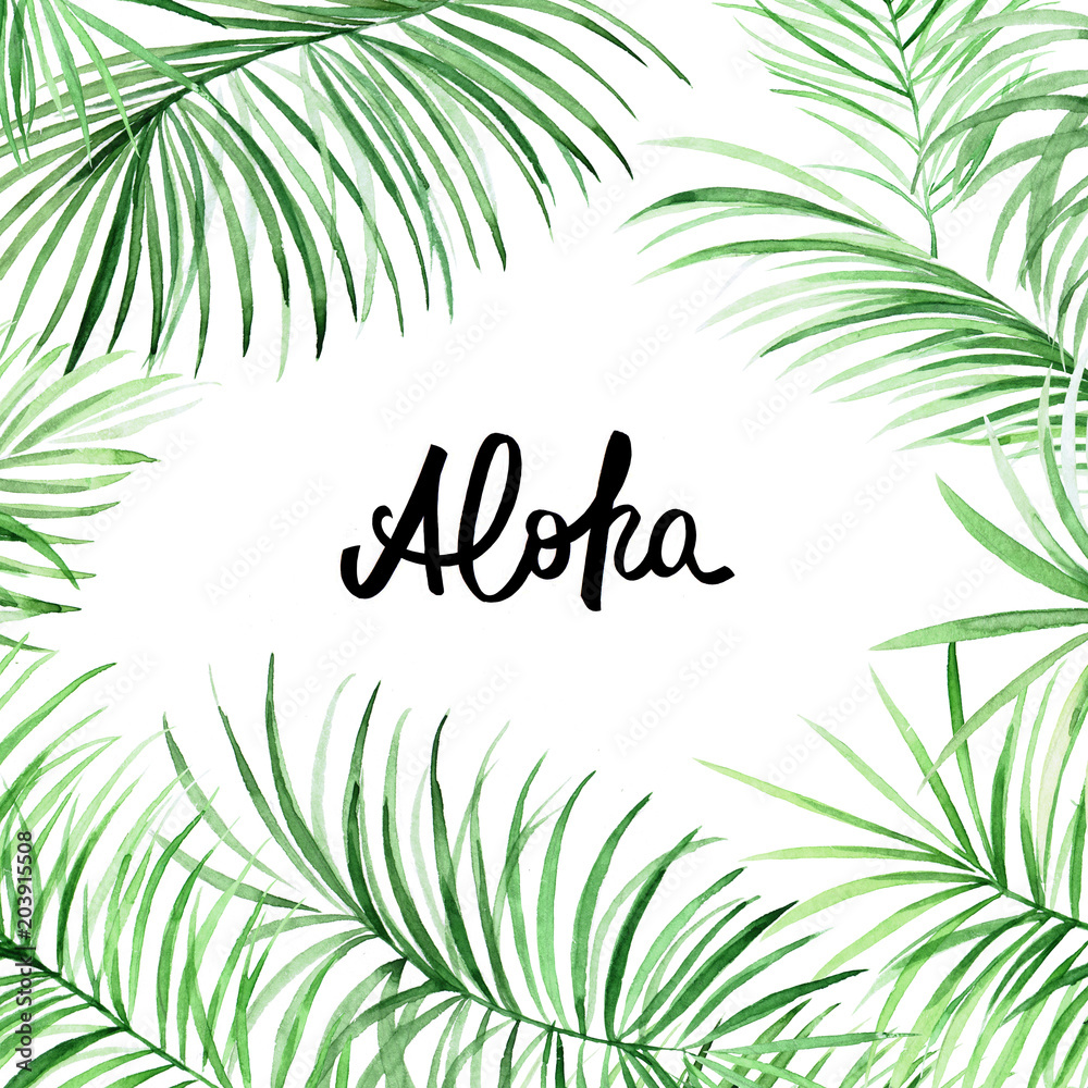 Naklejka premium Watercolor palm leaves frame. Tropical background for your design.