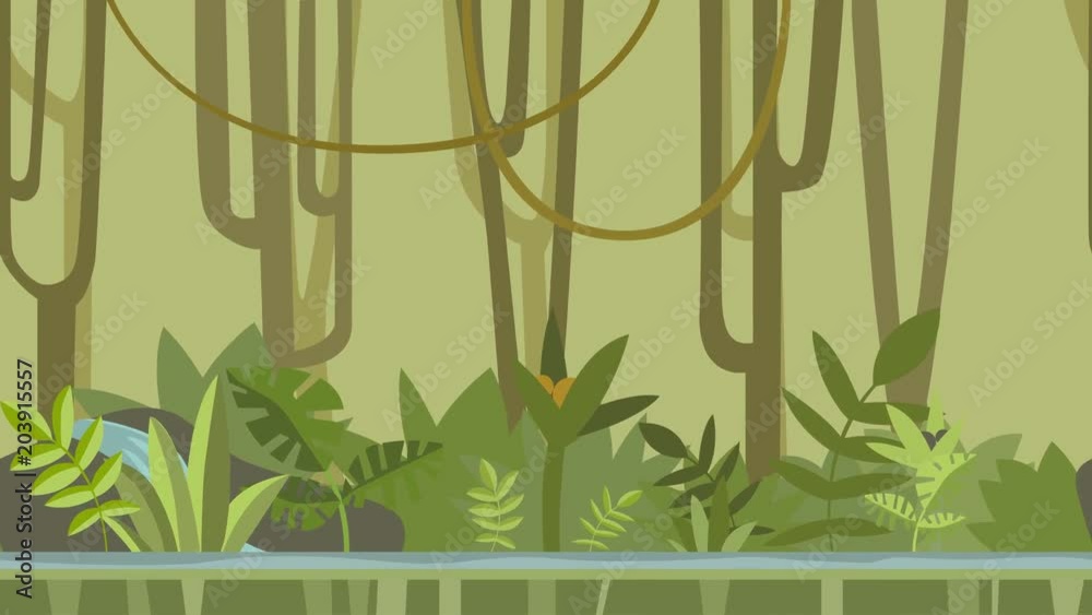 Animated background. Green jungle forest with river. Flat animation, parallax