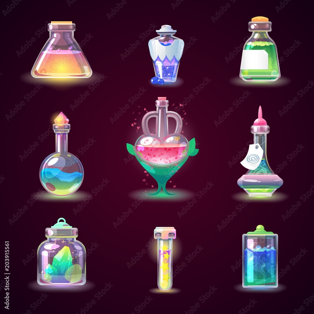 Premium Vector  Magic potion bottles glass jars with alchemy