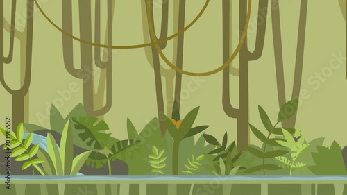 Animated background. Green jungle forest with river. Flat animation, parallax