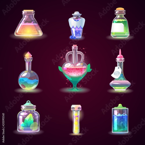 Magic bottle vector magical game potion in glass or liquid poison drink of alchemy or chemistry illustration set of magnificent elixir in phial isolated on background
