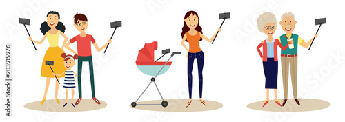 People making selfie with smartphone and monopod set isolated on white background. Cartoon characters of different age and gender photograph themselves with mobile phone and stick, vector illustration