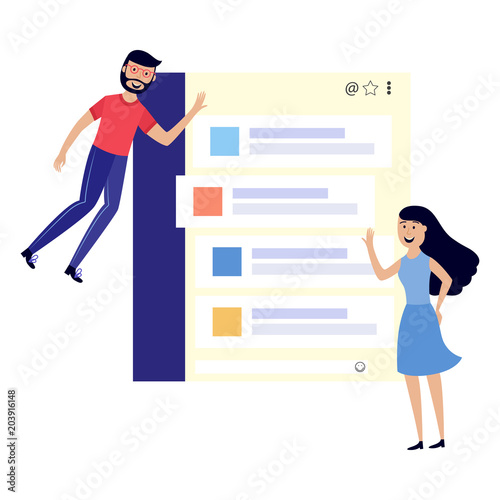 Chatting girl and boy - young male and female cartoon characters fly in weightlessness around chat elements and message bubbles isolated on white background. Vector illustration.