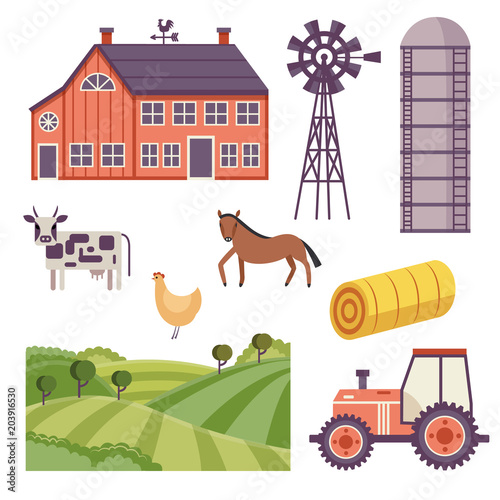 Rural design elements set. Livestock animals - cow, horse and chicken on green countryside landscape field, hay stack and ranch building house, agriculture facilities such as windmill adn water tower