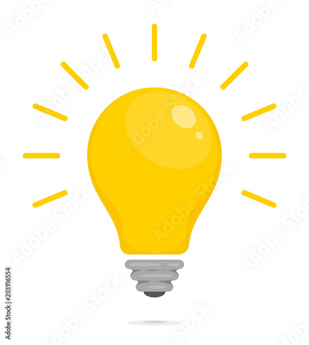 Yellow glowing light bulb. Symbol of energy, solution, thinking and idea. Flat style icon for web and mobile app. Vector illustration for your design
