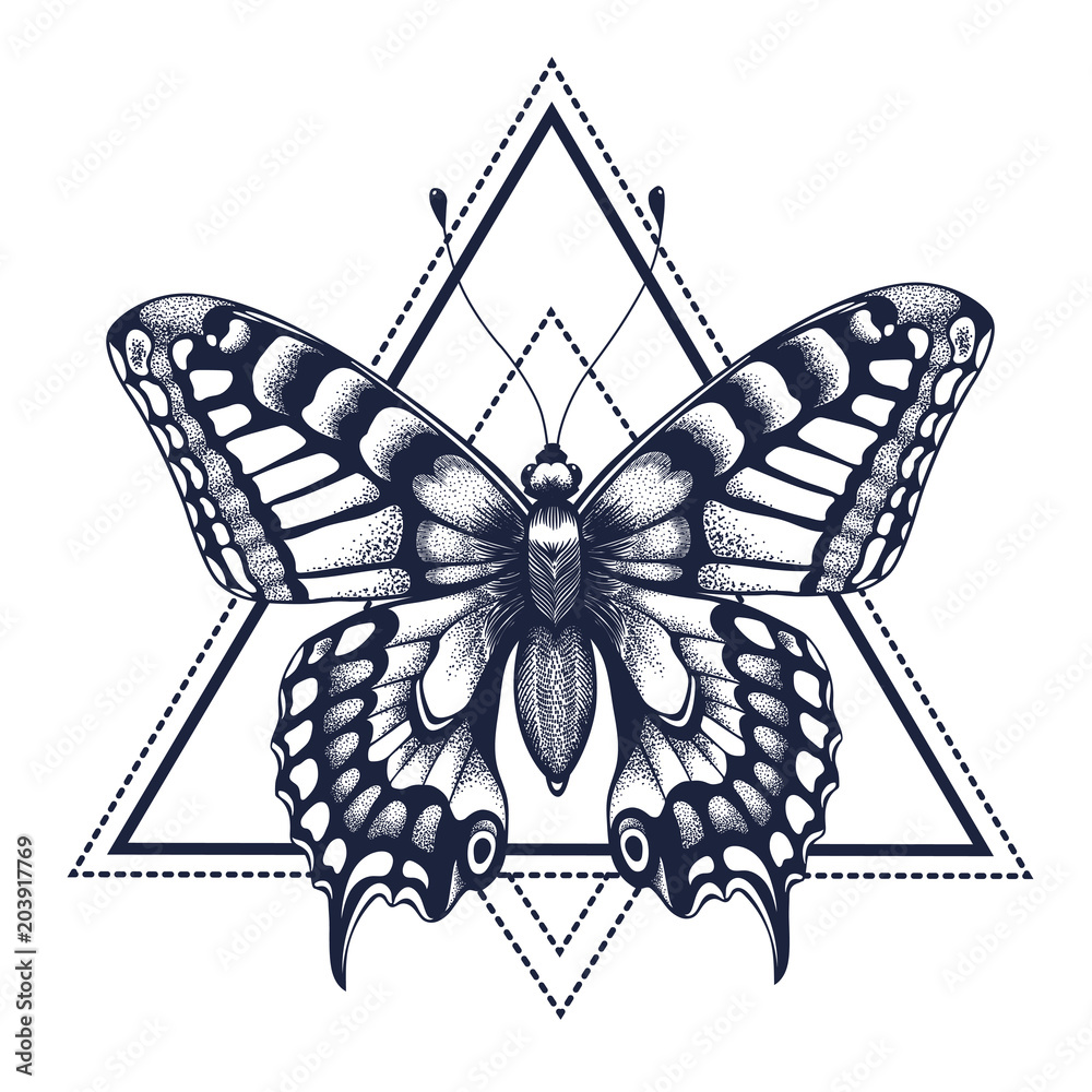 Butterfly tattoo. Dotwork tattoo. Graphic arts. Butterfly in triangle ...