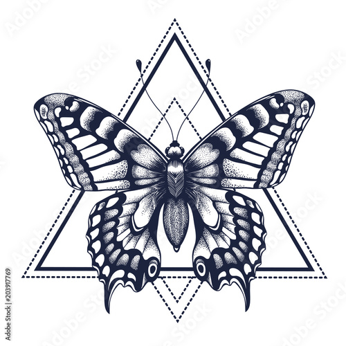 Butterfly tattoo. Dotwork tattoo. Graphic arts. Butterfly in triangle, geometry. Mystical symbol of freedom, nature, air