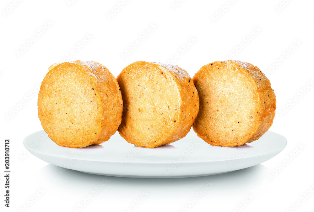 Vietnamese Pork Sausage fried in white plate on white background Vietnamese Pork Sausage fried in white plate on white background