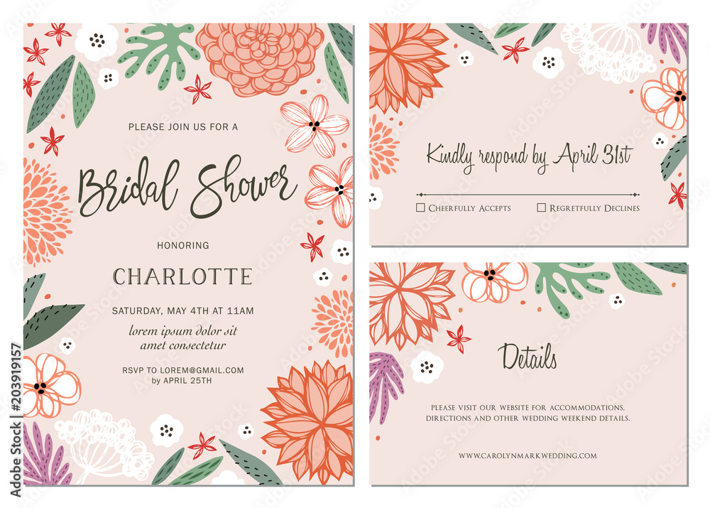 Obraz premium Bridal Shower invitation and universal card design set with floral elements. Vector illustration.