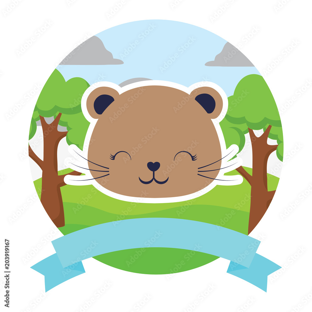 Fototapeta emblem with cute squirrel and decorative ribbon over landscape and white background, colorful design. vector illustration