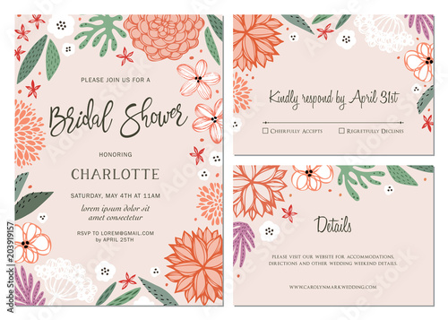 Bridal Shower invitation and universal card design set with floral elements. Vector illustration.