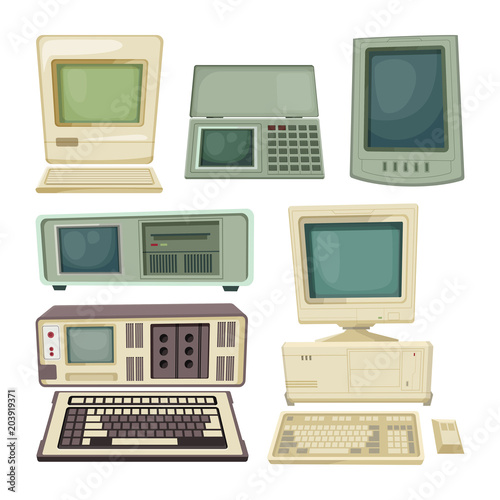 Vintage illustrations of desktop computers and other different technician gadgets