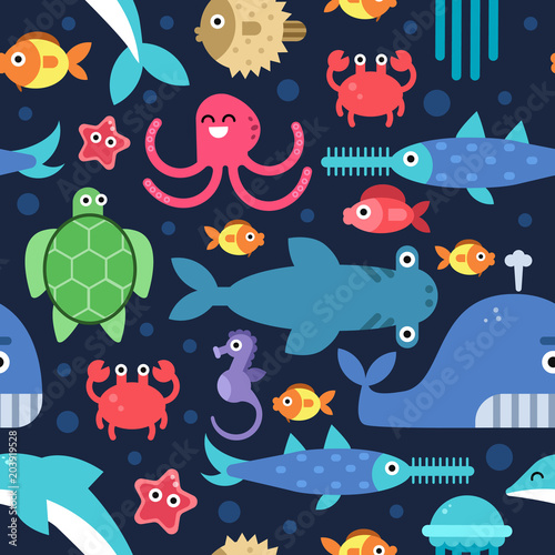Seamless pattern of sea underwater life. Vector flat illustrations