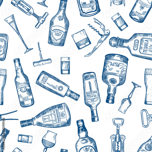 Hand drawn seamless pattern with various alcohol bottles