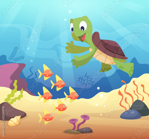 Sea underwater background with cartoon turtle