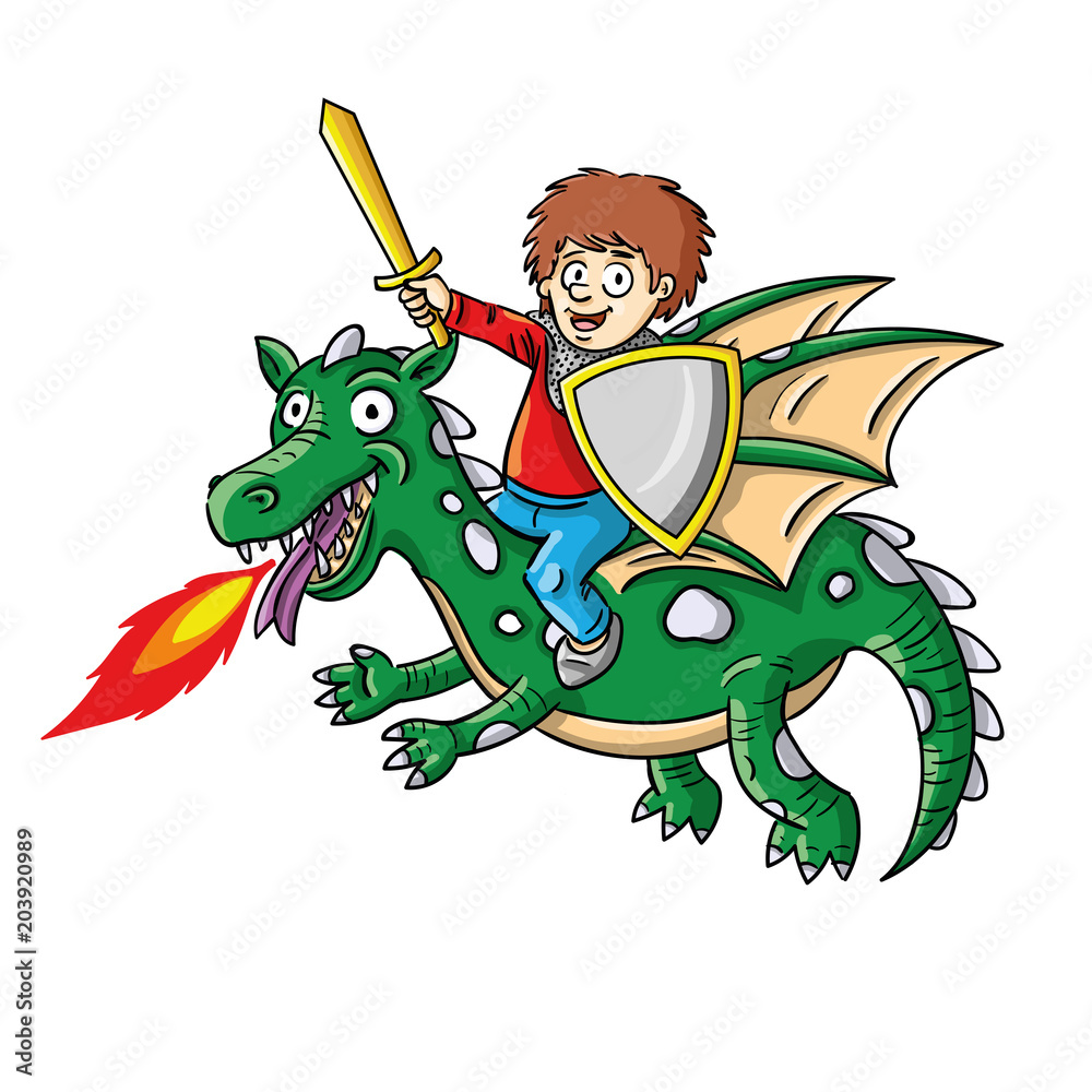 Obraz Śmieszna wektorowa ilustracja dziecko jako rycerz na latającym smoku