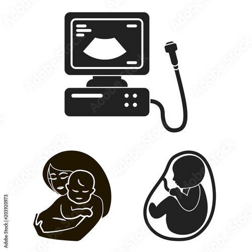 Woman and pregnancy black icons in set collection for design. Gynecology and equipment vector symbol stock web illustration.