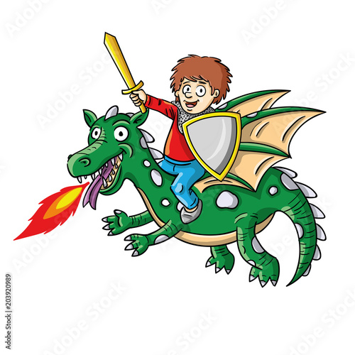 Funny vector illustration of child as a knight on a flying dragon