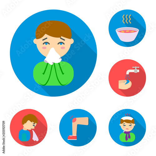 The sick man flat icons in set collection for design.Illness and treatment vector symbol stock web illustration.