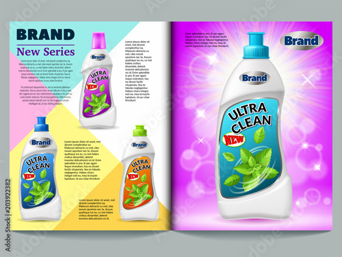 Template poster, magazine, brochure, booklet, flyer, banner, cover, page. Advertising laundry detergent, washing cosmetics and kitchen detergent. Isolated 3d realistic vector illustration.