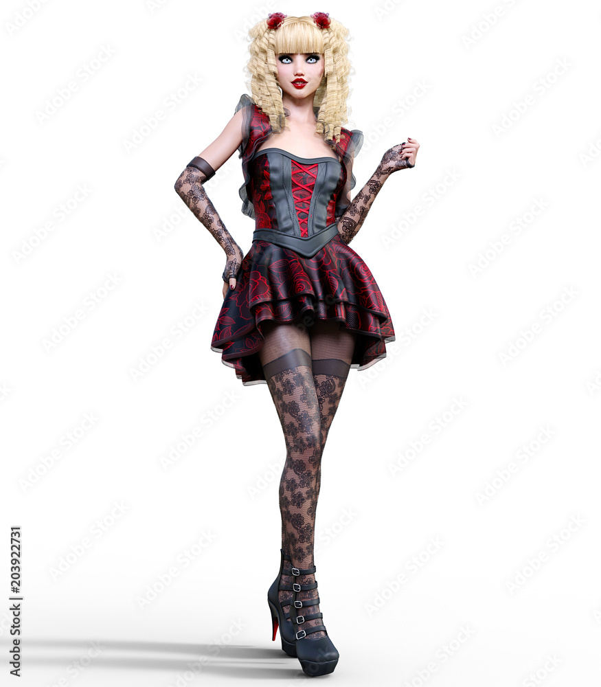 Young beautiful girl with doll face posing photo shoot. Short dark red dress, stockings, shoes. Long blonde hair. Bright goth make up. Conceptual fashion art. Realistic 3D render illustration.
Young beautiful girl with doll face posing photo shoot. Short dark red dress, stockings, shoes. Long blonde hair. Bright goth make up. Conceptual fashion art. Realistic 3D render illustration.