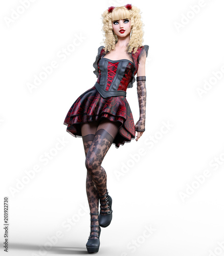 Young beautiful girl with doll face posing photo shoot. Short dark red dress, stockings, shoes. Long blonde hair. Bright goth make up. Conceptual fashion art. Realistic 3D render illustration. 