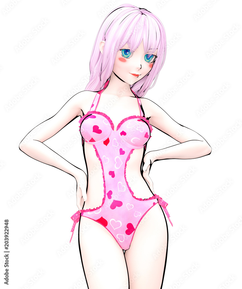 Illustrazione Stock 3D sexy anime doll girl big blue eyes bright  makeup.Pink swimsuit hearts.Cartoon, comics, sketch, drawing, manga  illustration.Conceptual fashion art.Seductive candid pose.Summer clothes  collection | Adobe Stock