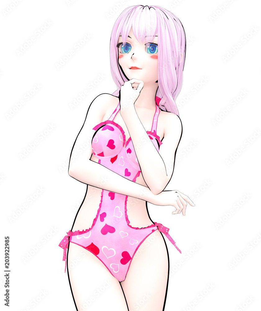 3D sexy anime doll girl big blue eyes bright makeup.Pink swimsuit  hearts.Cartoon, comics, sketch, drawing, manga illustration.Conceptual  fashion art.Seductive candid pose.Summer clothes collection –  Stock-Illustration | Adobe Stock