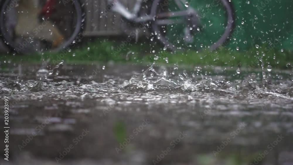 The rain drips in puddles. Slow-motion shooting of 480 frames per second