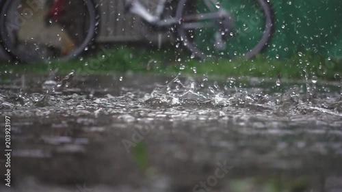 The rain drips in puddles. Slow-motion shooting of 480 frames per second