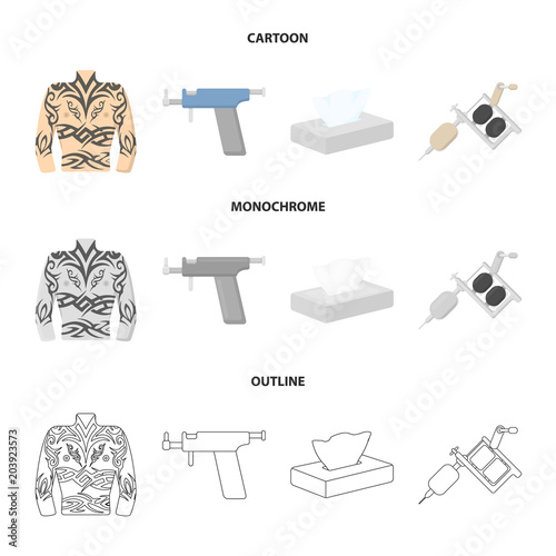 Body tattoo, piercing machine, napkins. Tattoo set collection icons in cartoon,outline,monochrome style vector symbol stock illustration web.