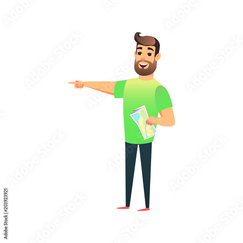 Happy young man with a beard showing his hand to the sightseeing. Man with a paper map examines the sights on the journey. Male flat traveller pointing finger to the side