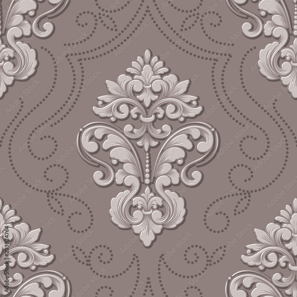Vector volumetric damask seamless pattern element. Elegant luxury embossed texture for wallpapers, backgrounds and page fill. 3D elements with shadows and highlights. Vector volumetric damask seamless pattern element. Elegant luxury embossed texture for wallpapers, backgrounds and page fill. 3D elements with shadows and highlights.