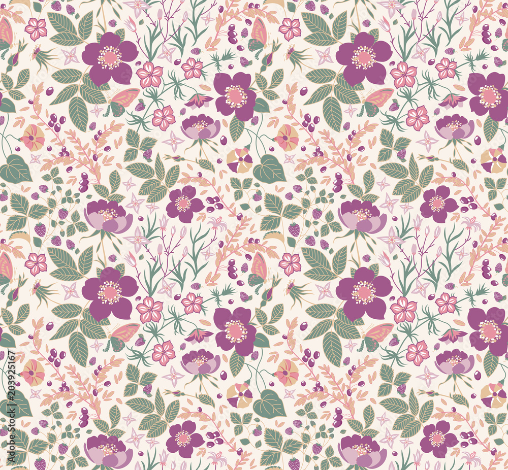 seamless floral background.strawberry, rose,petunia,bluebell.