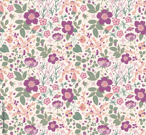 seamless floral background.strawberry  rose petunia bluebell.