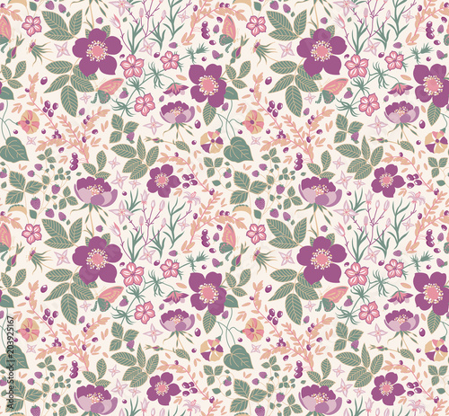 seamless floral background.strawberry, rose,petunia,bluebell.